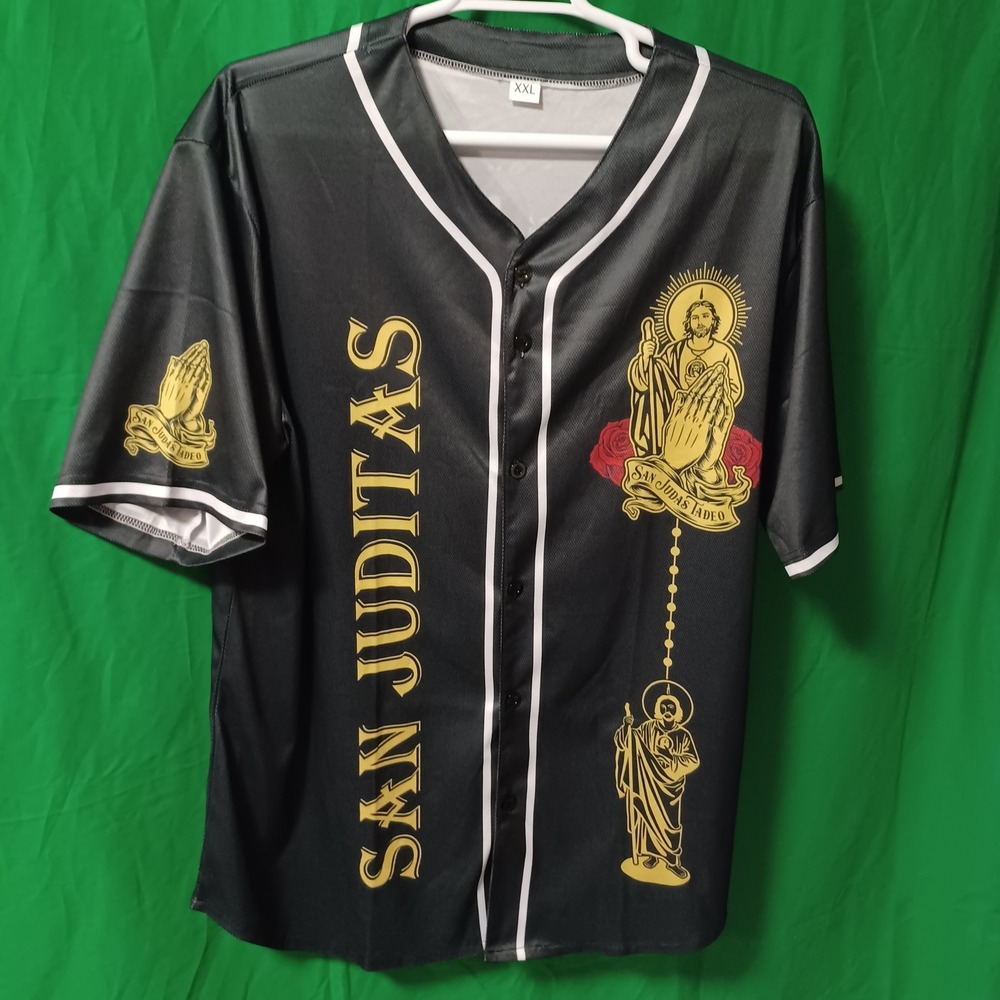 San Judas Tadeo‎ Baseball Jersey Mens XXL Black Gold St Jude Religious Button Up